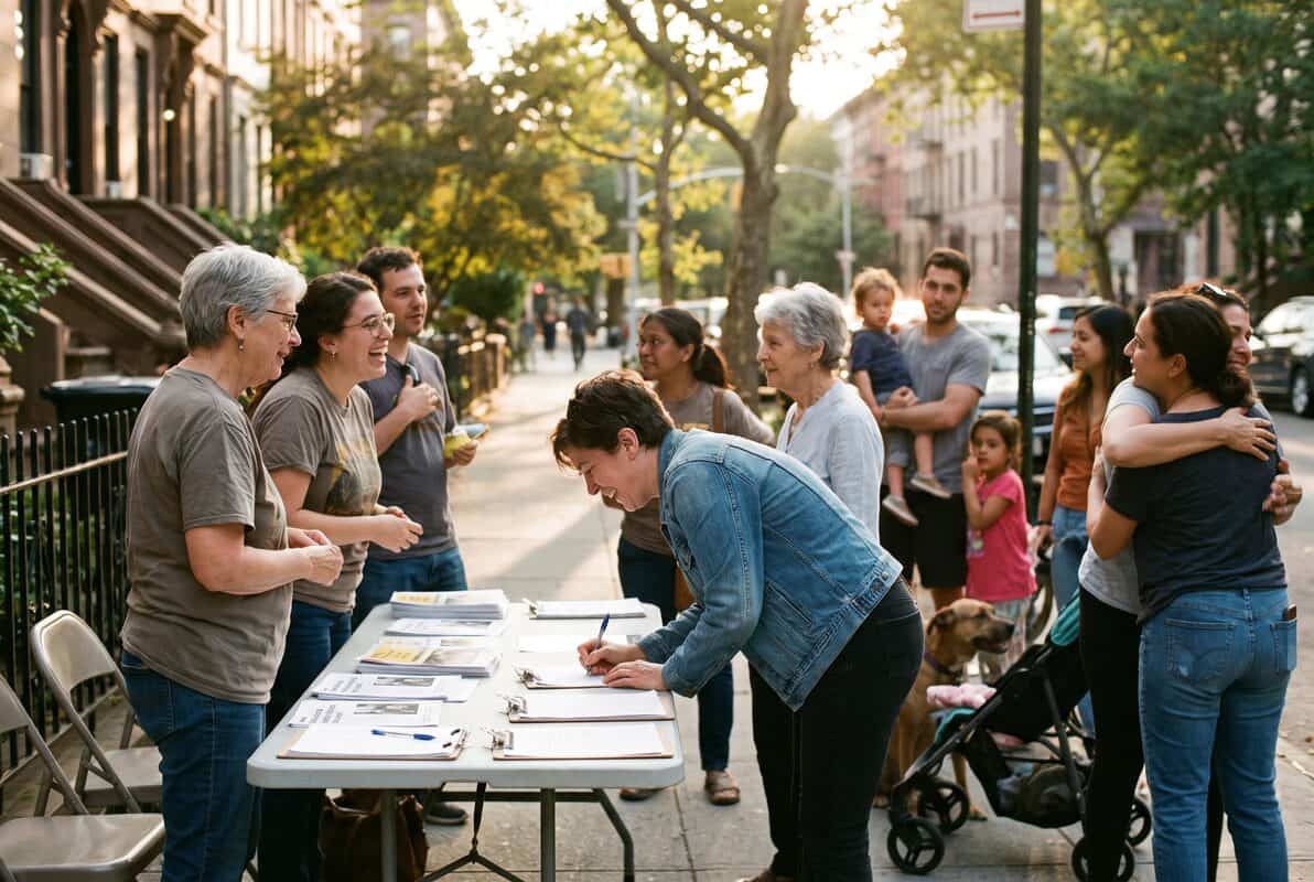 Brooklyn neighbors gathered at a volunteer table on a brownstone-lined sidewalk, signing petitions and talking in warm evening light